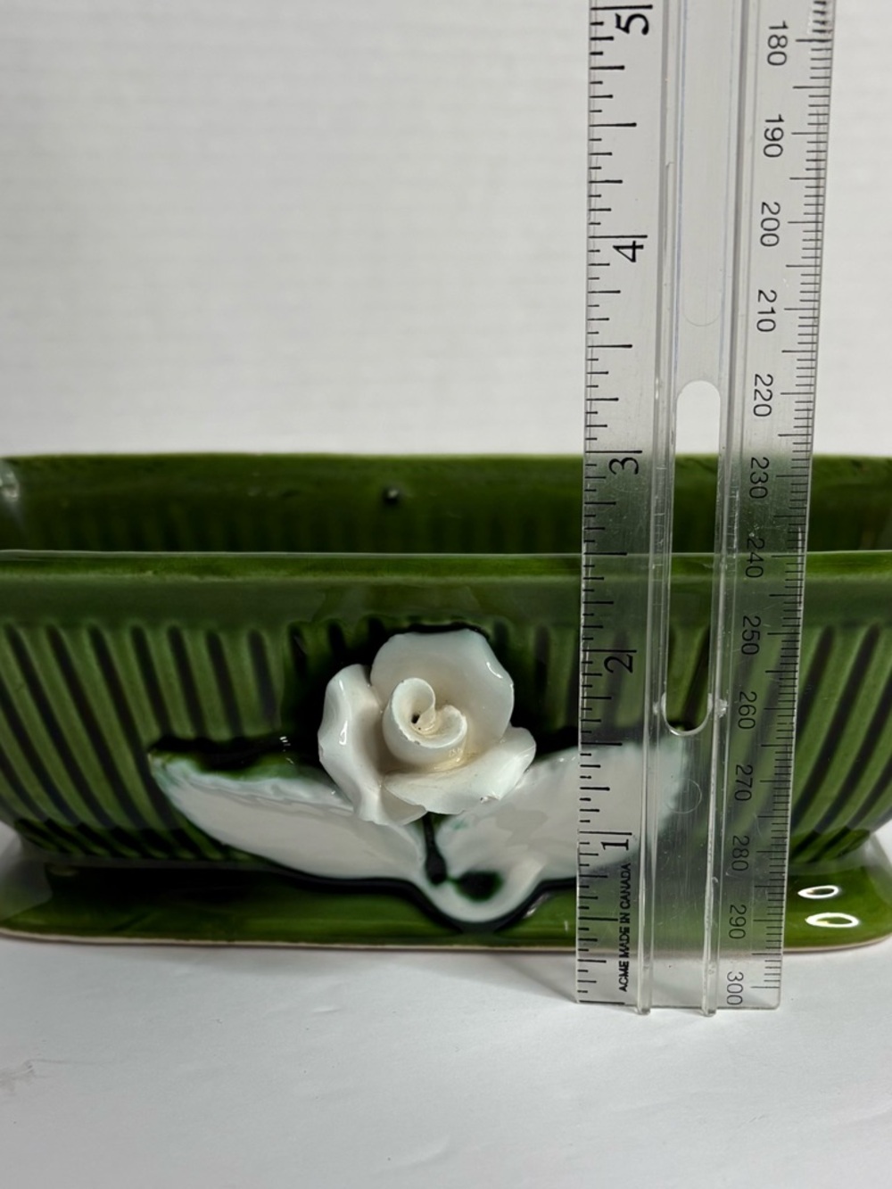 E.O. Brody Green Ceramic Planter with White Porcelain Rose Accent Vintage